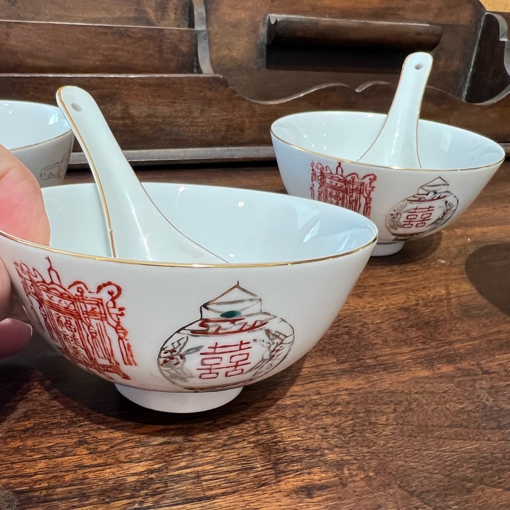 Darchung Made in Taiwan R.O.C. Rice Bowl Chinese Vintage set of‎ 4 w/spoons